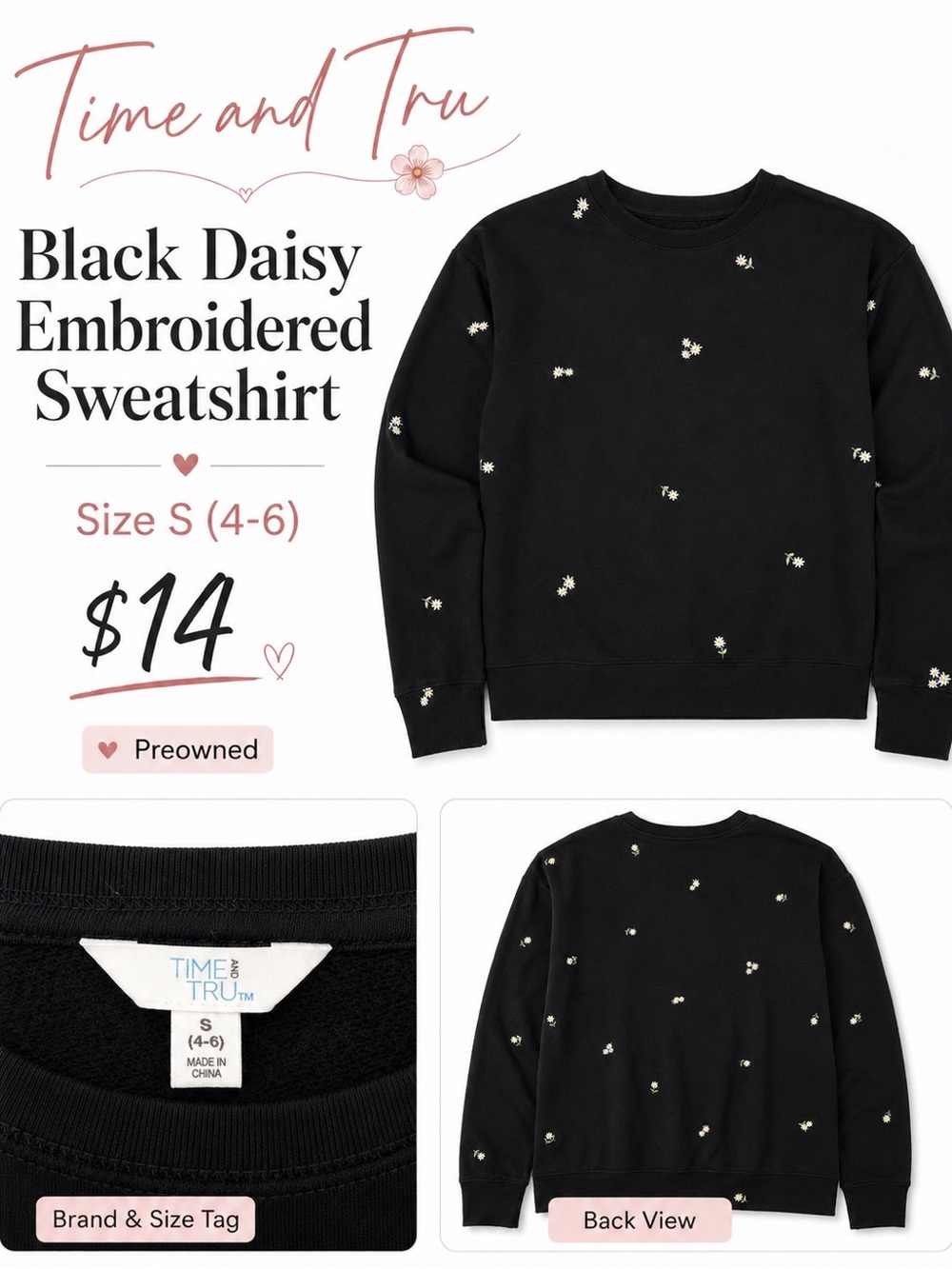 Time and Tru Black Crewneck Sweatshirt with Tiny White Daisies